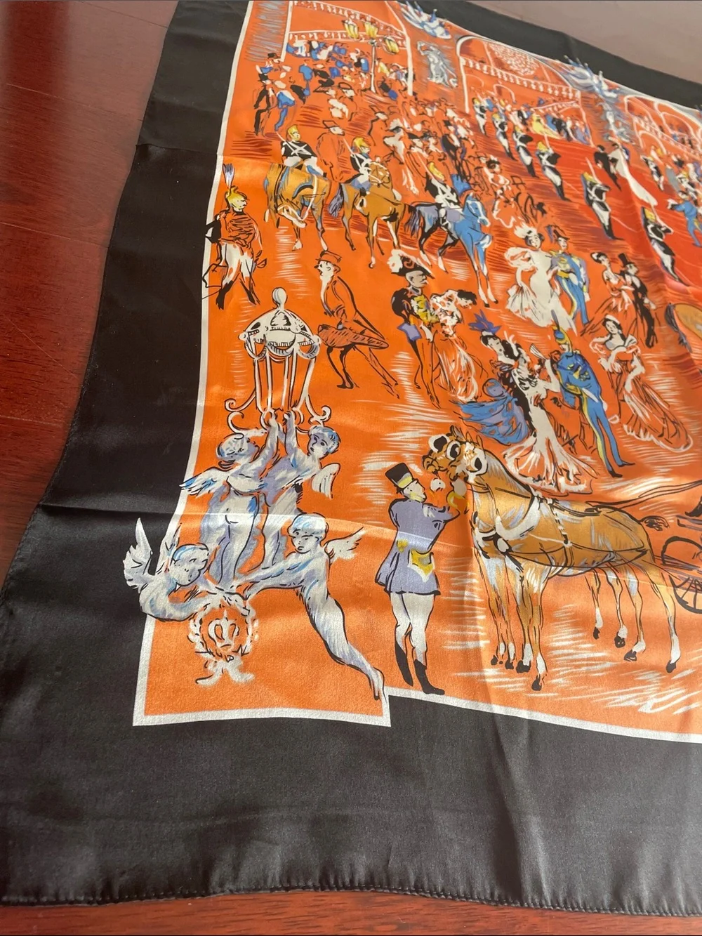 Orange Illustrated Ballroom Scene Silk Scarf